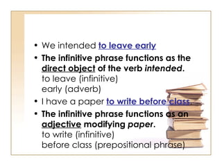 We intended  to leave early The infinitive phrase functions as the  direct object  of the verb  intended . to leave (infinitive) early (adverb) I have a paper  to write before class . The infinitive phrase functions as an  adjective  modifying  paper . to write (infinitive) before class (prepositional phrase) 