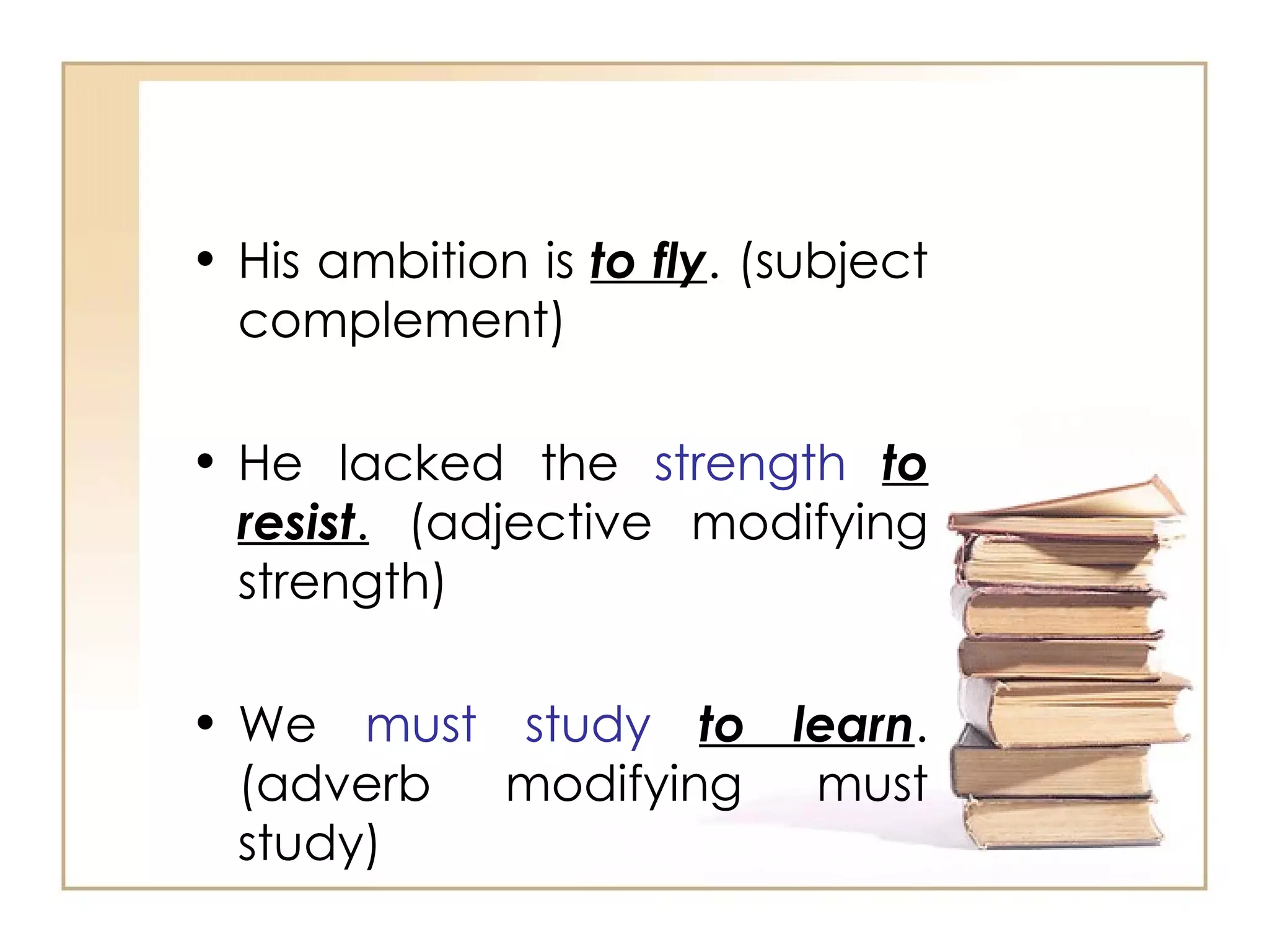 His ambition is  to fly . (subject complement)  He lacked the  strength   to resist .  (adjective modifying strength)  We  must study   to learn . (adverb modifying must study)  