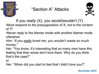 “Section A” Attacks
If you really (X), you would/wouldn’t (Y)
•Must respond to the presupposition of X, not to the content
of Y!
•Never reply to the blamer mode with another blamer mode
utterance
Him: “If you really loved me, you wouldn’t waste so much
money.”
Her: “You know, it’s interesting that so many men have this
feeling that their wives don’t love them. Why do you think
that’s the case?”
or
Her: “When did you start to feel that I didn’t love you?”
November 2014
 
