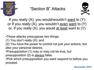 “Section B” Attacks
If you really (X), you would/wouldn’t want to (Y)
or If you really (X), you wouldn’t even want to (Y)
or, If you really (X), you would at least want to (Y)
•These attacks presuppose two things:
(1) You don’t really (X); and
(2) You have the power to control not just your actions, but
also your personal desires.
•Presupposition (1) may or may not be true, but
presupposition (2) is always false.
•Pick which presupposition you want respond to before you
proceed.
November 2014
 