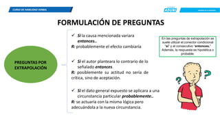 CREEMOS EN LA EXIGENCIA
CURSO DE HABILIDAD VERBAL
 Si la causa mencionada variara
entonces..
R: probablemente el efecto cambiaría
 Si el autor planteara lo contrario de lo
señalado entonces.
R: posiblemente su actitud no sería de
crítica, sino de aceptación.
 Si el dato general expuesto se aplicara a una
circunstancia particular probablemente..
R: se actuaría con la misma lógica pero
adecuándola a la nueva circunstancia.
PREGUNTAS POR
EXTRAPOLACIÓN
FORMULACIÓN DE PREGUNTAS
En las preguntas de extrapolación se
suele utilizar el conector condicional
“si” y el consecutivo “entonces.”
Además, la respuesta es hipotética o
probable.
 
