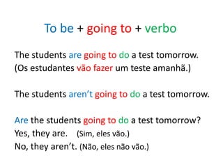 To be + going to + verbo
The students are going to do a test tomorrow.
(Os estudantes vão fazer um teste amanhã.)
The students aren’t going to do a test tomorrow.
Are the students going to do a test tomorrow?
Yes, they are. (Sim, eles vão.)
No, they aren’t. (Não, eles não vão.)
 
