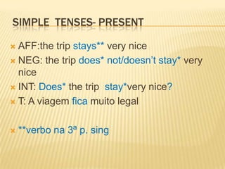 Simple  tenses- presentAFF:thetripstays** veryniceNEG: thetripdoes* not/doesn’tstay* veryniceINT: Does*thetripstay*verynice?T: A viagem fica muito legal**verbo na 3ª p. sing
