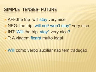 Simple  tenses- futureAFF:thetripwillstayveryniceNEG: thetripwillnot/ won’tstay* veryniceINT: Willthetripstay* verynice?T: A viagem ficará muito legalWill como verbo auxiliar não tem tradução
