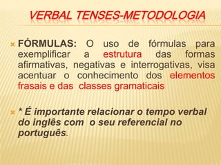       VERBAL TENSES-metodologiaFÓRMULAS: O uso de fórmulas para exemplificar a estrutura das formas afirmativas, negativas e interrogativas, visa acentuar o conhecimento dos elementos frasais e das  classes gramaticais* É importante relacionar o tempo verbal do inglês com  o seu referencial no português.