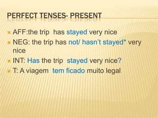 Perfect tenses- presentAFF:thetriphasstayedveryniceNEG: thetriphasnot/ hasn’tstayed* veryniceINT: Hasthetripstayedverynice?T: A viagem  temficado muito legal