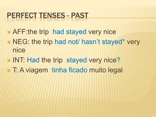 Perfect tenses - pastAFF:thetriphadstayedveryniceNEG: thetriphadnot/ hasn’tstayed* veryniceINT: Hadthetripstayedverynice?T: A viagem  tinha ficado muito legal