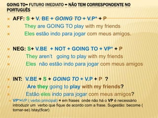 GOING TO= Futuro imediato = não tem correspondente no português AFF: S + V. BE + GOING TO + V.P* + PTheyare GOING TO play with my friends Elesestão indo parajogarcom meus amigos.NEG: S+ V.BE  + NOT + GOING TO + VP* + PThey aren’t   going to play with my friends Elesnãoestão indo parajogarcom meus amigosINT:  V.BE + S + GOING TO + V.P + P  ?           Aretheygoing to play withmyfriends?          Estãoelesindo para jogar com meus amigos?VP*=VP ( verbo principal) = em frases  onde não há o VP é necessário introduzir um  verbo que fique de acordo com a frase. Sugestão: become ( tornar-se) /stay(ficar)
