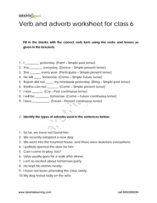 Verb and adverb worksheet for class 6 | PDF