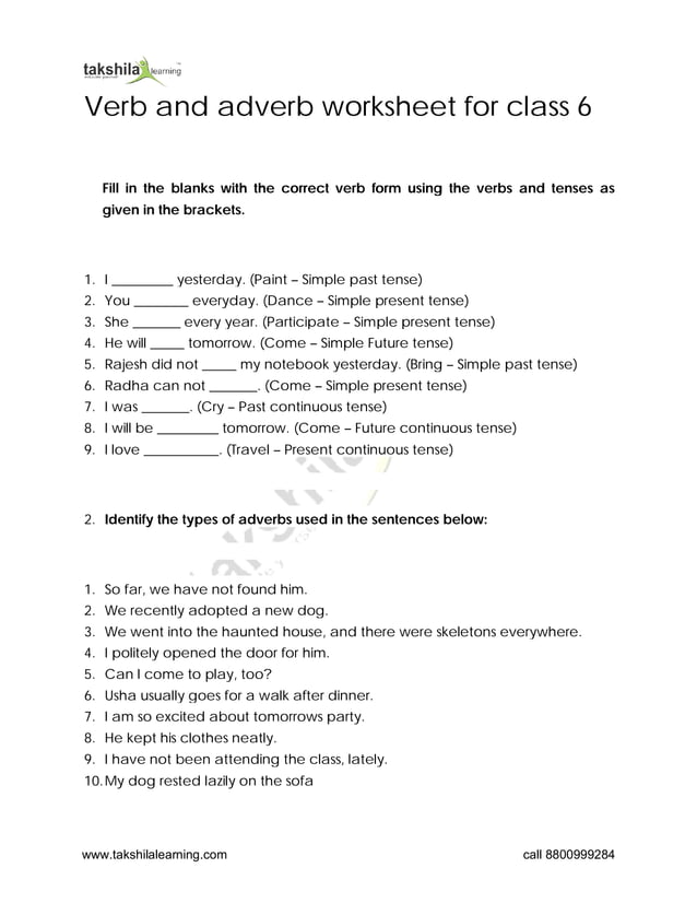 Verb And Adverb Worksheet For Class 6