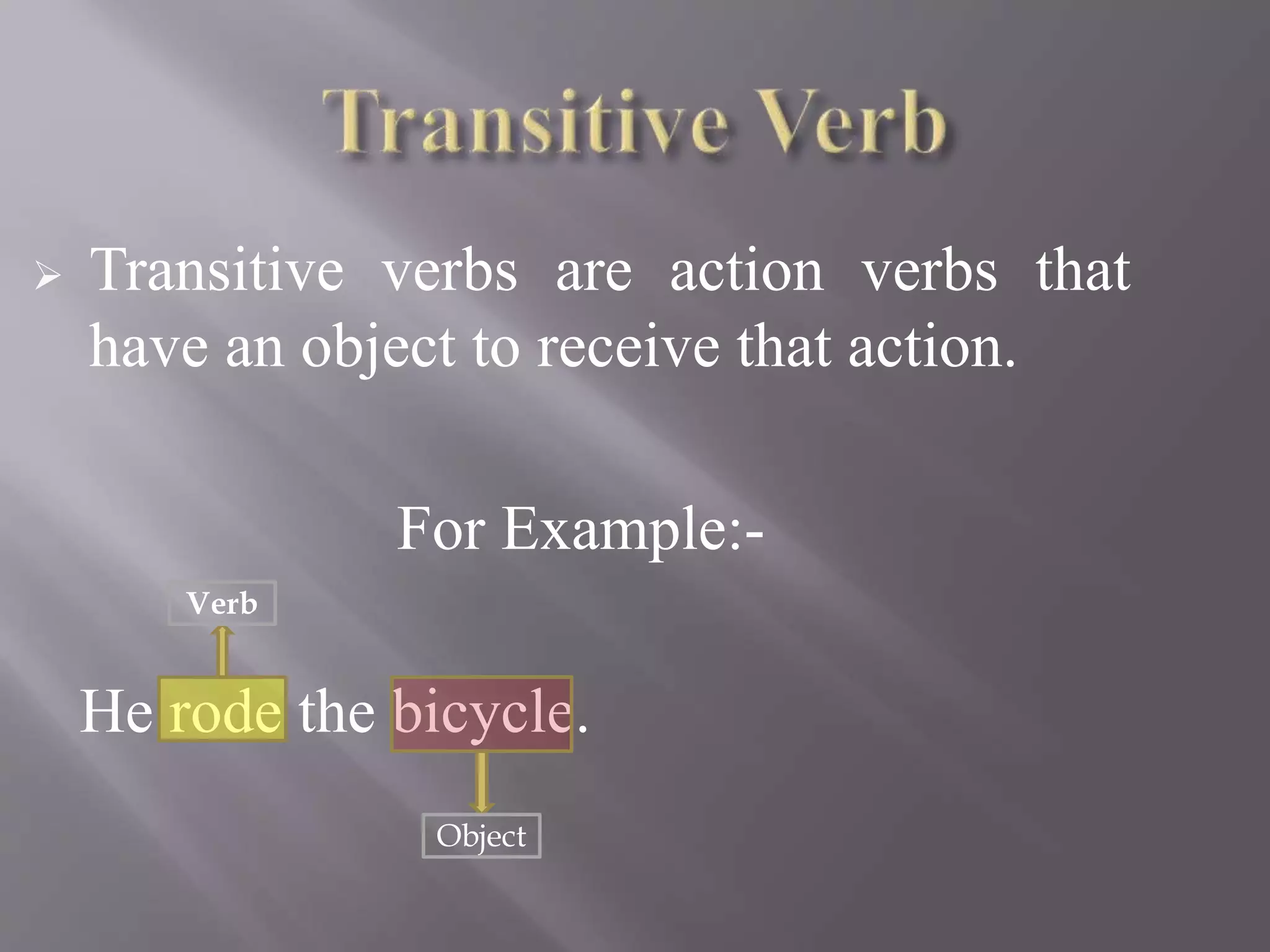  Transitive verbs are action verbs that
have an object to receive that action.
For Example:-
He rode the bicycle.
Verb
Object