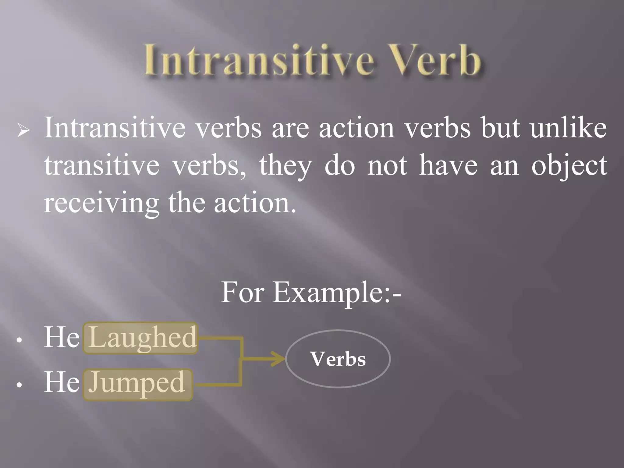  Intransitive verbs are action verbs but unlike
transitive verbs, they do not have an object
receiving the action.
For Example:-
• He Laughed
• He Jumped
Verbs