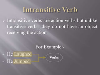  Intransitive verbs are action verbs but unlike
transitive verbs, they do not have an object
receiving the action.
For Example:-
• He Laughed
• He Jumped
Verbs
 
