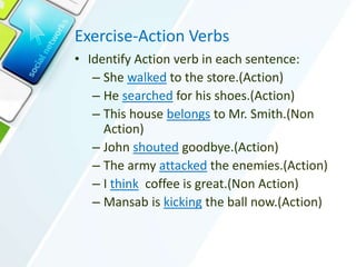 Exercise-Action Verbs
• Identify Action verb in each sentence:
– She walked to the store.(Action)
– He searched for his shoes.(Action)
– This house belongs to Mr. Smith.(Non
Action)
– John shouted goodbye.(Action)
– The army attacked the enemies.(Action)
– I think coffee is great.(Non Action)
– Mansab is kicking the ball now.(Action)
 