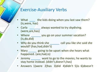 Exercise-Auxiliary Verbs
• What the kids doing when you last saw them?
(is,were, has)
• Carla always wanted to try skydiving.
(were,are,has)
• Where ______ you go on your summer vacation?
(is,do,did)
• Why do you think she call you like she said she
would? (has,had,didn’t)
• Mary _____ going to be upset when she hears what
happened. (are,had,is)
• Jeremy ______ want to go to the movies; he wants to
stay home instead. (didn’t,doesn’t,has)
• Answers 1)were 2)has 3)did 4)didn’t 5)is 6)doesn’t
 