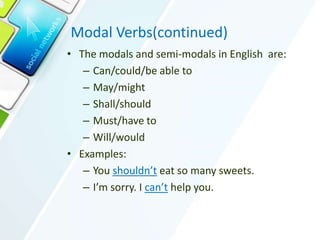 Modal Verbs(continued)
• The modals and semi-modals in English are:
– Can/could/be able to
– May/might
– Shall/should
– Must/have to
– Will/would
• Examples:
– You shouldn’t eat so many sweets.
– I’m sorry. I can’t help you.
 