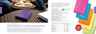 Переносные жесткие диски Verbatim Store ‘n’ Go просты в
                                                                                                                                      эксплуатации и поставляются в комплекте с программой Green
                                                                                                                                      Button, которая регулирует включение энергосберегающего
                                                                                                                                      модуса и тем самым продлевает срок эксплуатации диска.
                                                                                                                                      Диски отформатированы в файловой системе FAT-32 и
                                                                                                                                      совместимы с ОС Windows и Mac.
Жесткие диски




                                                                                                                                                                                                                                  Жесткие диски
                                                                                                                                      Спецификация                                           Программное обеспечение Green
                                                                                                                                                                                             Button для экономии энергии.
                                                                                                                                      Скорость вращения: 5 400 об./мин.           См. стр. 81
                                                                                                                                      Питание через шину по кабелю USB
                                                                                                                                      Интерфейс: один порт USB 3.0
                                                                                                                                      Программное обеспечение для создания резервной копии:
                                                                                                                                      Nero BackItUp and Burn Essentials* **
                                                                                                                                      Программное обеспечение: Green Button для экономии энергии.
                                                                                                                                      Требования к системе: Порт USB 3.0 или 2.0.
                                                                                                                                      Windows 2000, XP, Vista или Windows 7,
                                                                                                                                      Mac OS Х 10.1 или более поздняя версия.
                                                                                                                                      Поддержка файловых систем: FAT-32/ NTFS/ HFS+/EXT 2
                                                                                                                                      Файловая система: FAT-32
                                                                                                                                      Размеры изделия емкостью 500 ГБ: 121 x 80 x 15 мм
                                                                                                                                      Размеры изделия емкостью 1 ТБ: 127 x 82 x 20 мм
                                                                                                                                      Вес изделия емкостью 500 ГБ: 150 гр.
                                                                                                                                      Вес изделия емкостью 1 ТБ: 185 гр.
                                                                                                                                      Комплект поставки: переносной жесткий диск Store ‘n’ Go; кабель USB
                                                                                                                                      3.0; краткое руководство пользователя.
                                                                                                                                      *ПО совместимо только с ОС Windows   **Предустановленно на жестком диске


                                                                                                                                      Жесткие диски Store ‘n’ Go USB 3.0 (2.5”) цветная линейка
                     Портат и в н ы е ж е с т к и е д и с к и                                                                                                                                ЕМКОСТЬ      НОМЕР ПРОДУКТА
                                                                                                                                      Фиолетовый                                             1 ТБ         53039

                     Жесткие диски Store ‘n’ Go USB 3.0 цветная линейка                                                               Ярко-оранжевый
                                                                                                                                      Солнечно-желтый
                                                                                                                                      Лазурный
                                                                                                                                                                                             1 ТБ
                                                                                                                                                                                             1 ТБ
                                                                                                                                                                                             1 ТБ
                                                                                                                                                                                                          53038
                                                                                                                                                                                                          53037
                                                                                                                                                                                                          53036
                                                                                                                                      Ярко-розовый                                           1 ТБ         53035
                     Переносной жесткий диск Verbatim Store ‘n’ Go — это мобильное высокопроизводительное устройство для              Эвкалиптовый зеленый                                   1 ТБ         53034
                     хранения данных со сверхбыстрым интерфейсом USB 3.0 и ярким цветовым оформлением, подчеркивающим Вашу            Ярко-оранжевый                                         500 ГБ       53028
                     индивидуальность. Новая линейка неоновых цветов представлена в шести вариантах: солнечно-желтом, эвкалиптовом    Солнечно-желтый                                        500 ГБ       53027
                     зеленом, ярко-розовом, лазурном, ярко-оранжевом и фиолетовом. Новое поколение Store’n’Go отличается от           Лазурный                                               500 ГБ       53026
                     классической серии жестких дисков легкостью и миниатюрностью - размер и все уменьшились на 30 и 20 %             Ярко-розовый                                           500 ГБ       53025
                     соответственно - это рекордные габариты на рынке внешних жестких дисков форм-фактора 2.5” на сегодняшний день!   Эвкалиптовый зеленый                                   500 ГБ       53024
                26                                                                                                                                                                                                           27
 