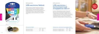 U S B -нак оп ители                                                US B-н ак опи тел и


                       USB-накопитель Netbook                                             USB-накопитель с
                       Нетбуки заслуженно приобрели массовую популярность                 высокоскоростным
                       благодаря своей компактности и малому весу, но именно
                       эти качества нетбука негативно отражаются на размере               интерфейсом USB 3.0
                       встроенной памяти. Новый USB-накопитель Netbook от
                       Verbatim обеспечивает от 8 до 32 ГБ дополнительной памяти,
                                                                                          Компания Verbatim разработала новый USB-накопитель
                       не влияя при этом на вес и размер нетбука. Устройство
                                                                                          Store’n’Go, сочетающий удобную форму стандартного
                       подсоединяется к нетбуку через разъем USB и благодаря
                                                                                          флеш-накопителя и преимущества интерфейса USB 3.0,
                       малым габаритам может использоваться на постоянной
                                                                                          что обеспечивает высокую скорость передачи данных по
                       основе.
                                                                                          сравнению с USB 2.0 интерфейсом. Обратная совместимость
                                                                                          со стандартными USB 2.0/1.1 портами позволяет пользоваться
Флеш-накопители




                                                                                                                                                                 Флеш-накопители
                                                                                          накопителем даже при отсутствии USB 3.0 интерфейса.
                                                                                          Специальный выдвижной механизм защищает разъем от
                                                                                          повреждений и позволяет избавиться от ненужного колпачка.




                       USB-накопитель Netbook                                             USB-накопитель с высокоскоростным интерфейсом USB 3.0
                                                               ЕМКОСТЬ   НОМЕР ПРОДУКТА                                          ЕМКОСТЬ   НОМЕР ПРОДУКТА

                       USB-накопитель Netbook                  32 ГБ     43942            USB-накопитель с интерфейсом USB 3.0   32 ГБ     44057
                       USB-накопитель Netbook                  16 ГБ     43941            USB-накопитель с интерфейсом USB 3.0   16 ГБ     44056
                       USB-накопитель Netbook                  8 ГБ      43940            USB-накопитель с интерфейсом USB 3.0   8 ГБ      44055


                  62                                                                                                                                        63
 