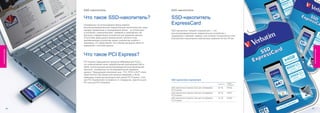 S SD - нак оп ители                                          SSD- н ак опи тел и


                       Что такое SSD-накопитель?                                    SSD-накопитель
                       Основанные на использовании флеш-памяти,                     ExpressCard
                       высокопроизводительные твердотельные накопители все чаще
                       находят применение в повседневной жизни: их используют       SSD-накопитель Verbatim ExpressCard — это
                       в ноутбуках, коммуникаторах, серверах и смартфонах как       высокопроизводительное твердотельное устройство с
                       быстрое и эффективное устройство для хранения данных.        поддержкой «горячей» замены, для которого используется слот
                       Отсутствие движущихся механических частей в этом             ExpressCard портативного компьютера шириной 34 или 54 мм.
                       запоминающем устройстве сводит количество ошибок к
                       минимуму, что представляет его в более выгодном свете по
                       сравнению с жестким диском.
Флеш-накопители




                                                                                                                                                           Флеш-накопители
                       Что такое PCI Express?
                       PCI Express (официально принятая аббревиатура PCIe) –
                       это компьютерная шина, разработанная корпорацией Intel в
                       2004г, использующая высокопроизводительный физический
                       протокол, основанный на последовательной передаче
                       данных. Предыдущие поколения шин - PCI, PCIX и ACP стали
                       недостаточно быстрыми для мощных видеокарт и были
                       замещены новой высокоскоростной шиной PCI Express. Слот
                       для PCI ExpressCard отличается от стандартов, принятых для   SSD-накопитель ExpressCard
                       PCI или для PCI Extended .                                                                                          НОМЕР
                                                                                                                                 ЕМКОСТЬ
                                                                                                                                           ПРОДУКТА

                                                                                    SSD-накопитель Express Card для интерфейса   64 ГБ     47452
                                                                                    PCI Express
                                                                                    SSD-накопитель Express Card для интерфейса   32 ГБ     47451
                                                                                    PCI Express
                                                                                    SSD-накопитель Express Card для интерфейса   16 ГБ     47450
                                                                                    PCI Express



                  68                                                                                                                                  69
                                                                                                                                                      69
 