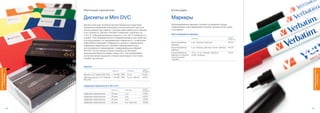 Л енточные нак оп ители                                                      Ак сессуары


                              Дискеты и Mini DVC                                                           Маркеры
                              Дискеты все еще остаются распространенным средством                          Мультимедийные маркеры Verbatim на водяной основе
                              хранения информации благодаря исключительной простоте                        предназначены для маркировки компакт-дисков и DVD дома
                              использования при работе с документами небольшого объема                     и на работе.
                              и их стоимости. Дискеты Verbatim позволяют сохранить до
                              1.44 ГБ отформатированных данных, и на 100 % свободны от                     Мультимедийные маркеры
                              ошибок. Они предварительно отформатированы для удобства                                           УПАКОВКА
                                                                                                                                                                        НОМЕР
                                                                                                                                                                        ПРОДУКТА
                              в использовании, их неадгезионная поверхность с покрытием
                              DataLifePlus защищает поверхность диска от повреждений.                      Мультимедийные       2 шт. Черный и красный                  44125
                                                                                                           маркеры
                              Цифровые видеокассеты Verbatim предназначены для
                              использования в камкордерах, поддерживающих формат                           Мультимедийные       4 шт. Черный, красный, синий, зеленый   44120
                                                                                                           маркеры
                              Mini DV. На эти кассеты можно записать до 60 минут
                              высококачественного видео, кроме того, они оборудованы                       Мультимедийные       10 уп. x 4 шт. Черный, красный,         44123
                                                                                                           маркеры в упаковке   синий, зеленый
                              антистатической крышкой, которая гарантирует отсутствие
                                                                                                           для розничной
                              ошибок при записи.                                                           торговли


                              DataLife
компьютерная периферия




                                                                                                                                                                                        компьютерная периферия
                                                                                                НОМЕР
                                                               ЕМКОСТЬ         УПАКОВКА
                                                                                                ПРОДУКТА

                              Дискеты 3.5” DataLife MF-2HD     1.44 МБ IBM     10 шт.           87410
     Аксессуары и




                                                                                                                                                                                             Аксессуары и
                              Цветные дискеты 3.5” DataLife    1.44 МБ IBM     10 шт. пластик   45215
                              MF-2HD


                              Цифровые видеокассеты Mini DVC
                                                                                                НОМЕР
                                                              ЕМКОСТЬ        УПАКОВКА
                                                                                                ПРОДУКТА

                              Цифровая видеокассета           60 мин         1 шт.              47650
                              Цифровая видеокассета           60 мин         3 шт.              47651
                              Цифровая видеокассета           60 мин         5 шт.              47652
                              Цифровая видеокассета           60 мин         4 шт. Блистер      47654


                         78                                                                                                                                                        79
 