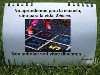 No aprendemos para la escuela,
      sino para la vida. Séneca.




Non scholae sed vitae discimus.
                                   Andrea D.
 