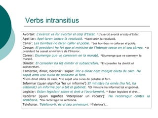 Verbs intransitius
Avortar: L'exèrcit va fer avortar el colp d'Estat. *L'exèrcit avortà el colp d'Estat.
Apel·lar: Apel·laren contra la resolució. *Apel·laren la resolució.
Callar: Les bombes no faran callar el poble. *Les bombes no callaran el poble.
Cessar: El president ha fet que el ministre de l'Interior cesse en el seu càrrec. *El
president ha cessat el ministre de l'Interior.
Córrer: Diumenge que ve correrem en la marató. *Diumenge que ve correrem la
marató.
Dimitir: El conseller ha fet dimitir el subsecretari. *El conseller ha dimitit el
subsecretari.
Esmorzar, dinar, berenar i sopar: Per a dinar hem menjat olleta de carn. He
sopat amb una cuixa de pollastre al forn.
*Hem dinat olleta de carn. *He sopat una cuixa de pollatre al forn.
Informar (quan significa 'fer un informe'):El ministre ha emés (ha fet, ha
elaborat) un informe per a tot el gabinet. *El ministre ha informat tot el gabinet.
Legislar: Estan legislant sobre el dret a l’avortament. * Estan legislant el dret...
Recórrer (quan significa 'interposar un recurs'): Ha recorregut contra la
sentència. *Ha recorregut la sentència.
Telefonar: Telefona-li, és el seu aniversari. *Telefona’l...
 