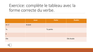 Exercice: complète le tableau avec la
forme correcte du verbe.
Jouer Parler Étudier
Je / j’ Je joue
Tu Tu parles
Il
Elle Elle étudie
 
