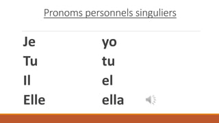 Pronoms personnels singuliers
Je yo
Tu tu
Il el
Elle ella
 