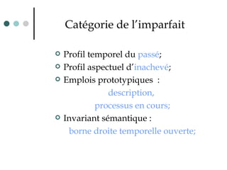 Catégorie de l’imparfait Profil temporel du  passé ; Profil aspectuel d’ inachevé ; Emplois prototypique s  :  description,  processus en cours; Invariant sémantique : borne droite temporelle ouverte; 