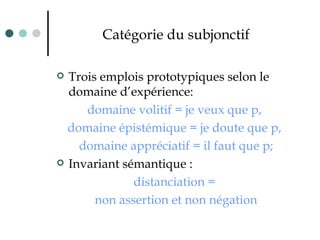 Catégorie du subjonctif Trois emplois prototypiques selon le domaine d’expérience:  domaine volitif = je veux que p,  domaine épistémique = je doute que p,  domaine appréciatif = il faut que p; Invariant sémantique : distanciation =  non assertion et non négation 