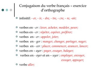 Conjugaison du verbe français – exercice d’orthographe infinitif:  - er, - ir, - dre, - tre, - cre, - re, -oir; verbes en  - er  :  lever, acheter, modeler, peser; verbes en  - er  :  répéter, espérer, préférer; verbes  en  - er  :  appeler, jeter ;     verbes  en  - ger :  manger, changer, partager, nager ;  verbes  en  - cer :  placer, commencer, avancer, lancer; verbes en  – ayer :  payer, essayer, balayer;   verbes en  - oyer  et en –  uyer :   employer, envoyer,  essuyer, appuyer ;  verbe  aller; 