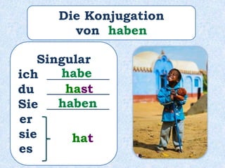 Singular
ich __________
du __________
Sie __________
er ______
sie ______
es ______
habe
hast
haben
hat
Die Konjugation
vo...