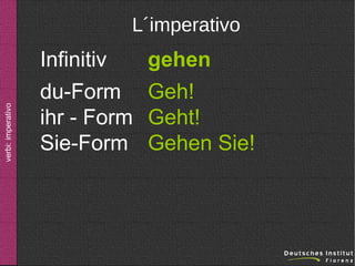 verbi: imperativo

L´imperativo

Infinitiv
du-Form
ihr - Form
Sie-Form

gehen
Geh!
Geht!
Gehen Sie!

 