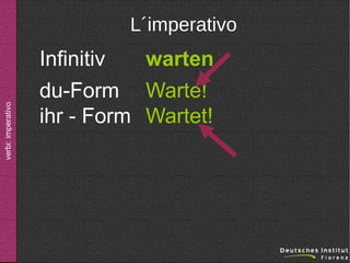 verbi: imperativo

L´imperativo

Infinitiv
warten
du-Form Warte!
ihr - Form Wartet!

 