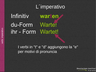 verbi: imperativo

L´imperativo

Infinitiv
warten
du-Form Warte!
ihr - Form Wartet!
I verbi in "t" e "d" aggiungono la "e"
per motivi di pronuncia

 
