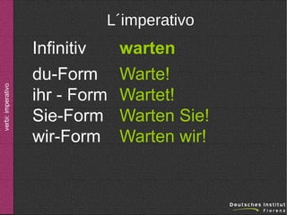 verbi: imperativo

L´imperativo

Infinitiv
du-Form
ihr - Form
Sie-Form
wir-Form

warten
Warte!
Wartet!
Warten Sie!
Warten wir!

 