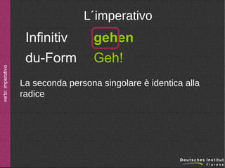 verbi: imperativo

L´imperativo

Infinitiv
du-Form

gehen
Geh!

La seconda persona singolare è identica alla
radice

 