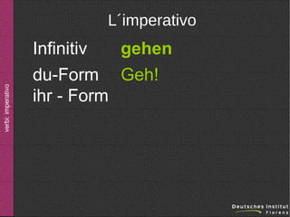verbi: imperativo

L´imperativo

Infinitiv
gehen
du-Form Geh!
ihr - Form

 