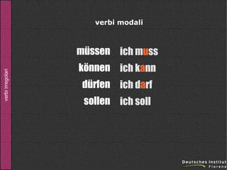 verbi modali

verbi irregolari

müssen ich muss
können ich kann
dürfen ich darf
sollen ich soll

 