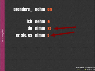 prendere_ nehm en

verbi irregolari

ich nehm e
du nimm st
er, sie, es nimm t

 
