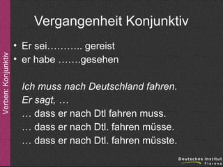 Verben: Konjunktiv

Vergangenheit Konjunktiv
• Er sei……….. gereist
• er habe …….gesehen
Ich muss nach Deutschland fahren.
Er sagt, …
… dass er nach Dtl fahren muss.
… dass er nach Dtl. fahren müsse.
… dass er nach Dtl. fahren müsste.

 