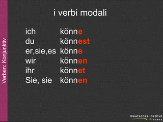Verben: Konjunktiv

i verbi modali
ich
du
er,sie,es
wir
ihr
Sie, sie

könn e
könn est
könn e
könn en
könn et
könn en

 