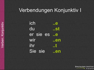 Verben: Konjunktiv

Verbendungen Konjunktiv I
ich
du
er sie es
wir
ihr
Sie sie

..e
..st
..e
..en
..t
..en

 