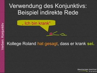 Verben: Konjunktiv

Verwendung des Konjunktivs:
Beispiel indirekte Rede
„ Ich bin krank“

Kollege Roland hat gesagt, dass er krank sei.

 