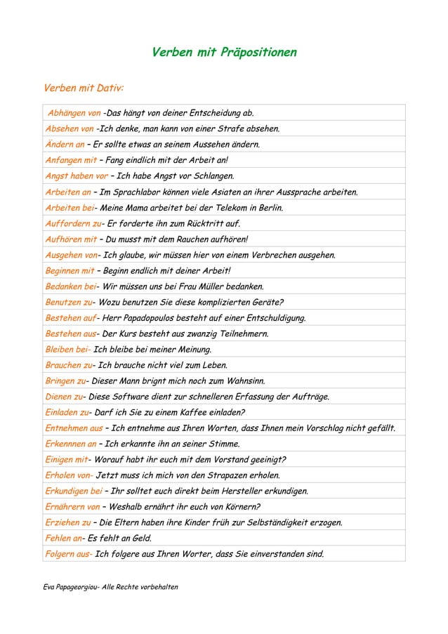 Verben Mit Präpositionen übungen Pdf B2 Verben mit Präpositionen: Dativ | PDF
