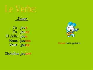 Jouer  Je  jou e Tu  jou es Il /elle  jou e   Nous  jou ons Vous  jou ez   Ils/elles jou ent Il joue  de la guitare. Le Verbe: 