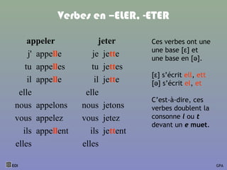 Verbes en –ELER, -ETER
appeler jeter
j' appelle je jette
tu appelles tu jettes
il appelle il jette
elle elle
nous appelons nous jetons
vous appelez vous jetez
ils appellent ils jettent
elles elles
EOI GPA
Ces verbes ont une
une base [ε] et
une base en [ə].
[ε] s’écrit ell, ett
[ə] s’écrit el, et
C’est-à-dire, ces
verbes doublent la
consonne l ou t
devant un e muet.
 