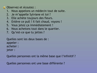 Observez et écoutez :
1. Nous appelons un médecin tout de suite.
2. Je m’appelle Sylviane et toi ?
3. Elle achète toujours des fleurs.
4. Enlève ce pull ! Il fait chaud, voyons !
5. Vous jetez ça immédiatement !
6. Nous achetons tout dans le quartier.
7. Qu’est-ce que tu jettes ?
Quelles sont les deux bases de :
appeler :
acheter :
jeter :
Quelles personnes ont la même base que l’infinitif ?
Quelles personnes ont une base différente ?
 