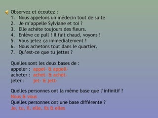 Observez et écoutez :
1. Nous appelons un médecin tout de suite.
2. Je m’appelle Sylviane et toi ?
3. Elle achète toujours des fleurs.
4. Enlève ce pull ! Il fait chaud, voyons !
5. Vous jetez ça immédiatement !
6. Nous achetons tout dans le quartier.
7. Qu’est-ce que tu jettes ?
Quelles sont les deux bases de :
appeler :
acheter :
jeter :
appel- & appell-
achet- & achèt-
jet- & jett-
Quelles personnes ont la même base que l’infinitif ?
Quelles personnes ont une base différente ?
Nous & vous
Je, tu, il, elle, ils & elles
 