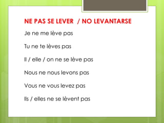 NE PAS SE LEVER / NO LEVANTARSE 
Je ne me lève pas 
Tu ne te lèves pas 
Il / elle / on ne se lève pas 
Nous ne nous levons pas 
Vous ne vous levez pas 
Ils / elles ne se lèvent pas 
 